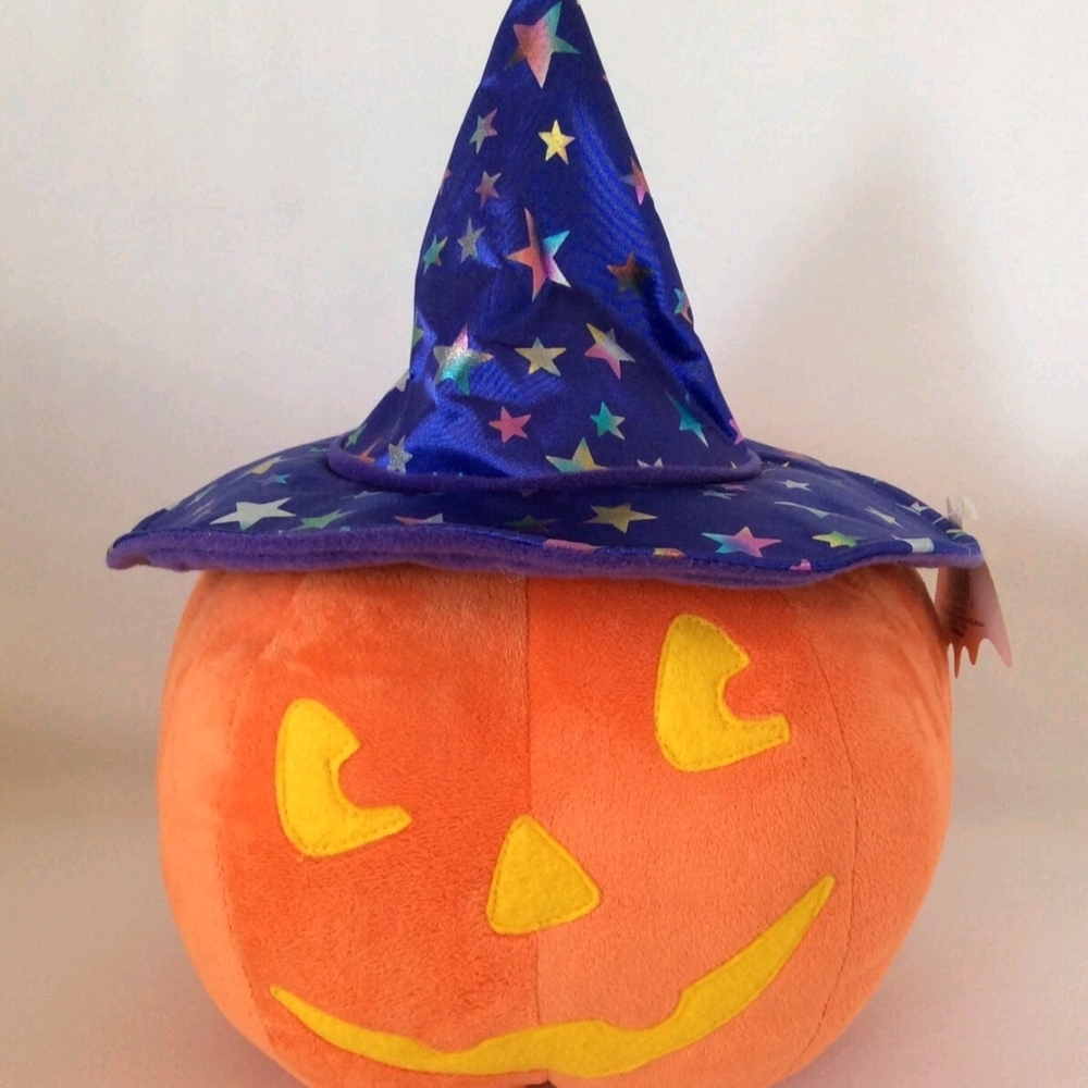 Vintage Hallmark Halloween Jack o Lantern Plush Pumpkin with Witch Hat 13" x 10"